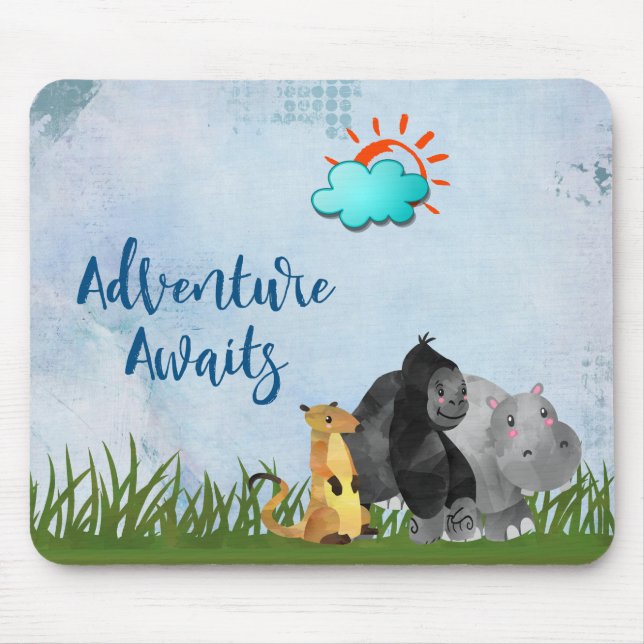 Adventure Awaits Watercolor Safari Jungle Animals Mouse Pad (Front)