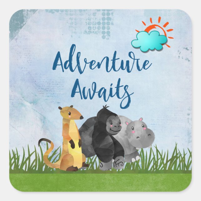 Adventure Awaits Watercolor Safari Jungle Animals Square Sticker (Front)