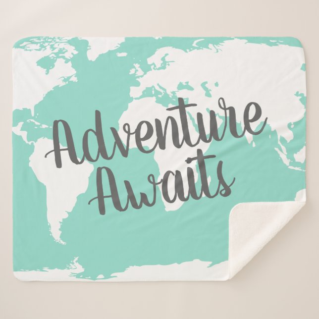 Adventure Awaits White World Map & Mint Sherpa Blanket (Front (Horizontal))