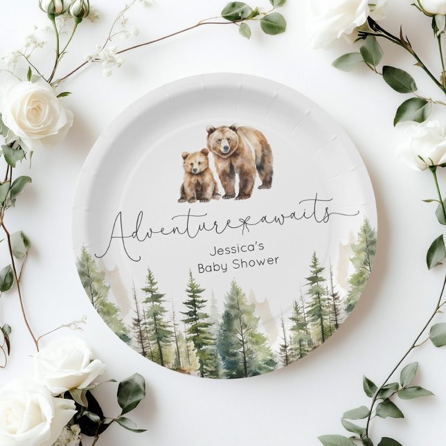 Adventure awaits wild forest bear baby shower paper plate (Creator Uploaded)
