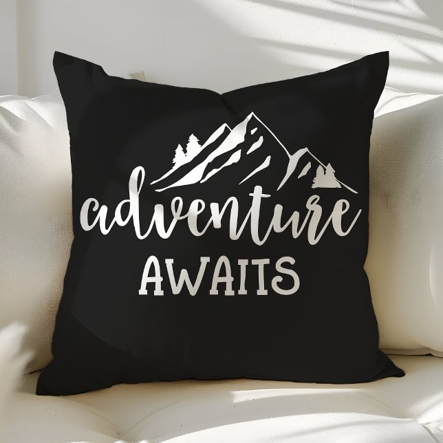 Adventure Awaits Wilderness Quote Black and White Cushion (Creator Uploaded)