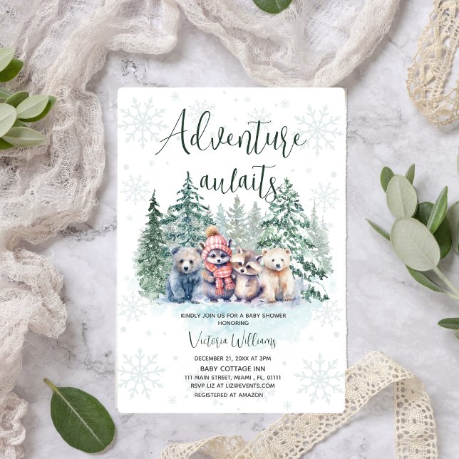 Adventure Awaits Winter Forest Animal Baby Shower  Invitation (Creator Uploaded)