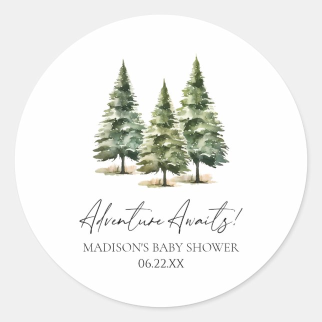 Adventure Awaits! Winter Pine Trees Baby Shower Classic Round Sticker (Front)
