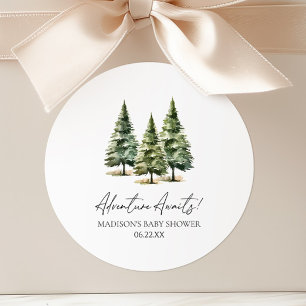 Adventure Awaits! Winter Pine Trees Baby Shower Classic Round Sticker