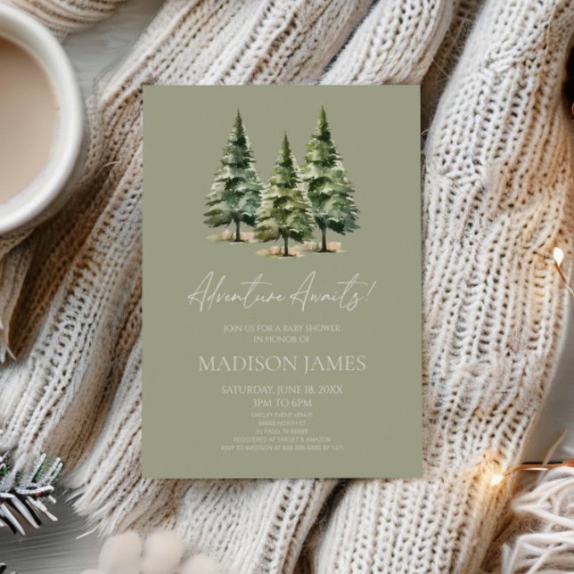 Adventure Awaits! Winter Pine Trees Baby Shower Invitation (Creator Uploaded)