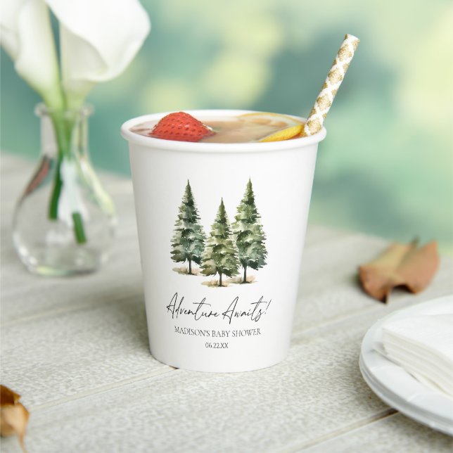 Adventure Awaits! Winter Pine Trees Baby Shower Paper Cups (Insitu)