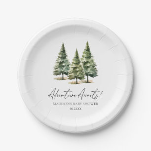 Adventure Awaits! Winter Pine Trees Baby Shower Paper Plate