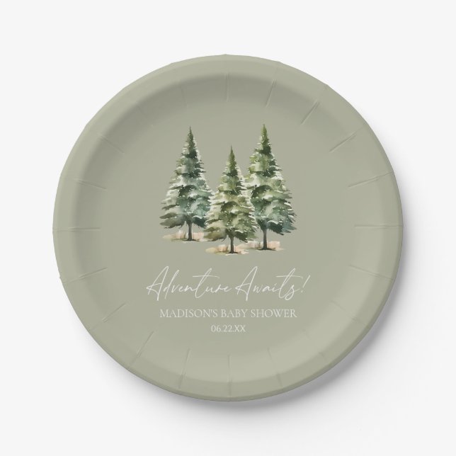 Adventure Awaits! Winter Pine Trees Baby Shower Paper Plate (Front)