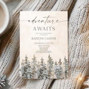 Adventure Awaits Winter Snow Pine Tree Baby Shower Invitation