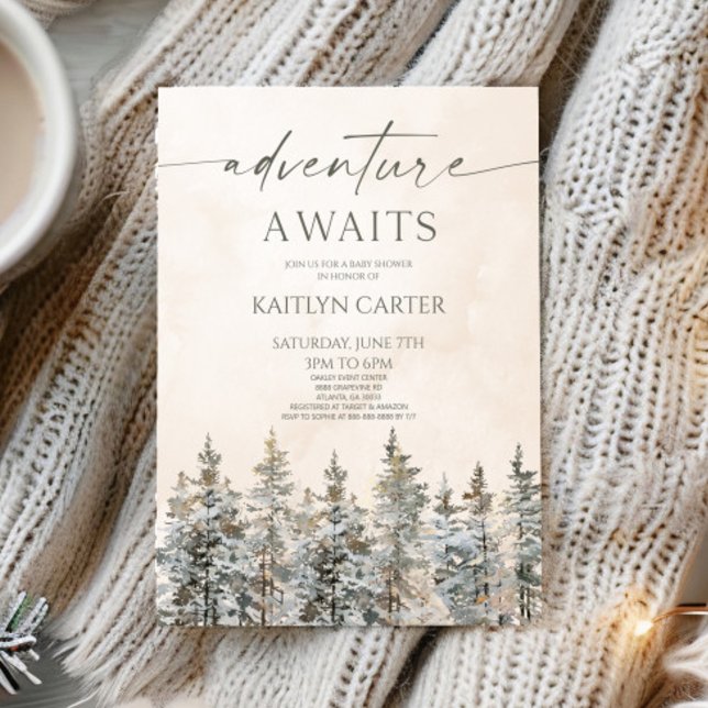 Adventure Awaits Winter Snow Pine Tree Baby Shower Invitation (Creator Uploaded)