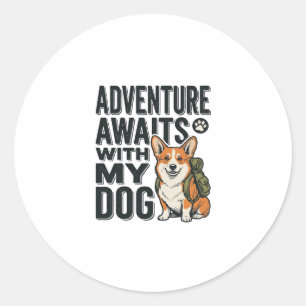 Adventure Awaits With My Dog Vintage Hiking Design Classic Round Sticker
