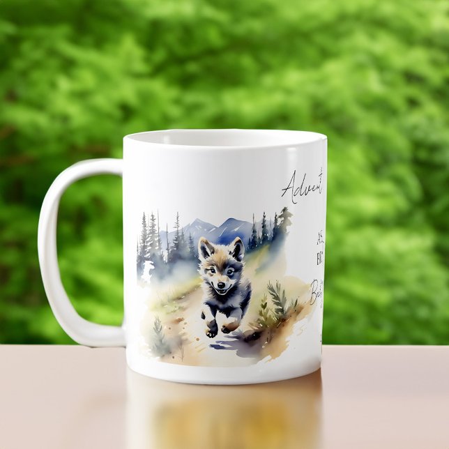 Adventure awaits wolf cub with baby shower favours coffee mug (Wolf cub adventure awaits baby shower favors personalized coffee mug watercolor cute wolf cub)
