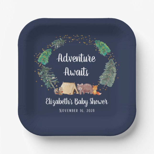 Adventure Awaits Woodland Animals Baby Shower Paper Plate (Front)