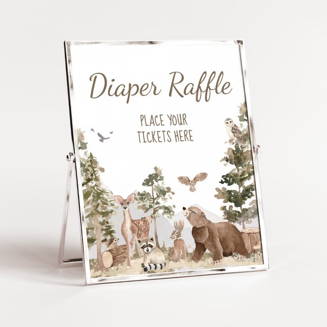 Adventure Awaits Woodland Animals Diaper Raffle Poster (Woodland Animals Adventure Awaits Baby Shower Diaper Raffle Sign)