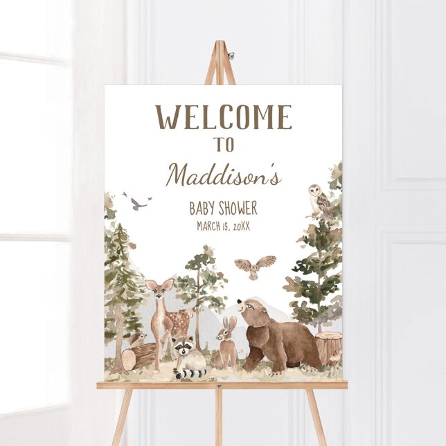 Adventure Awaits Woodland Animals Welcome  Poster (Woodland Animals Adventure Awaits Baby Shower Welcome Sign)