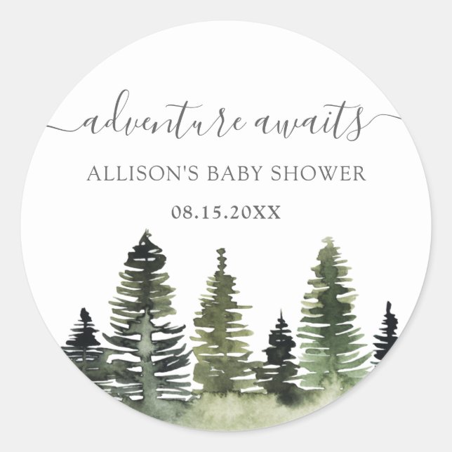Adventure Awaits Woodland Baby Shower Classic Round Sticker (Front)