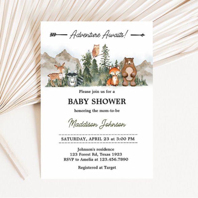 Adventure Awaits Woodland Baby Shower Invitation (Woodland Animals Adventure Awaits Baby Shower invitation)