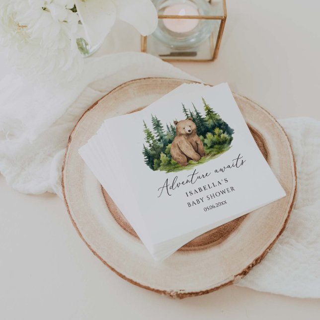 Adventure Awaits Woodland Bear Baby Shower Napkin (Creator Uploaded)
