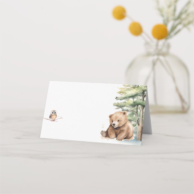 Adventure Awaits Woodland Bear Baby Shower Place Card (Front)