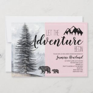 Adventure Awaits Woodland Bear Pink Baby Shower Invitation
