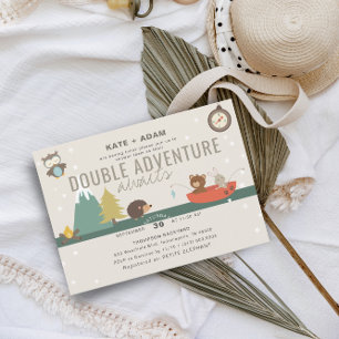 Adventure Awaits Woodland Twin Neutral Baby Shower Invitation
