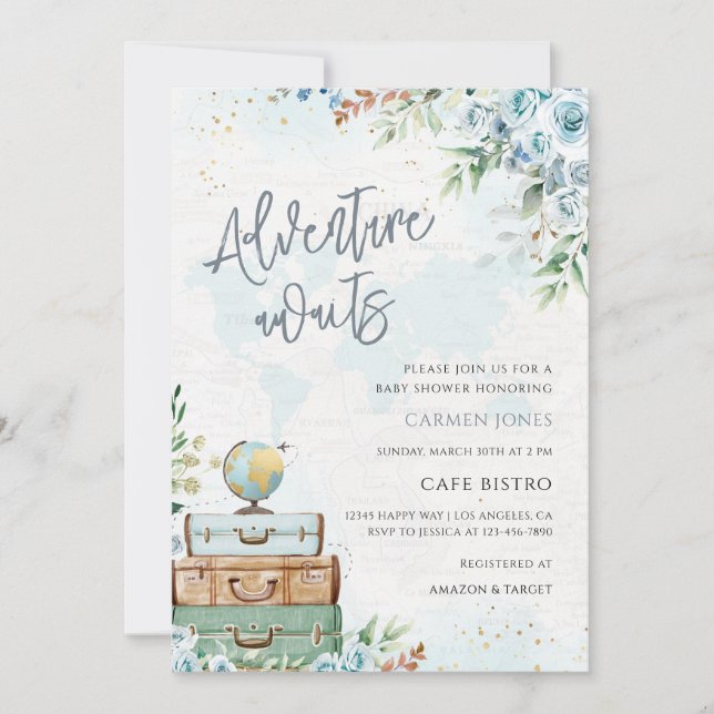 Adventure Awaits World Map Baby Shower Invitation (Front)