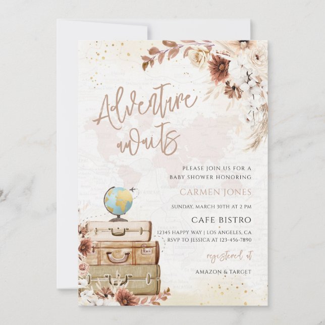 Adventure Awaits World Map Baby Shower Invitation (Front)