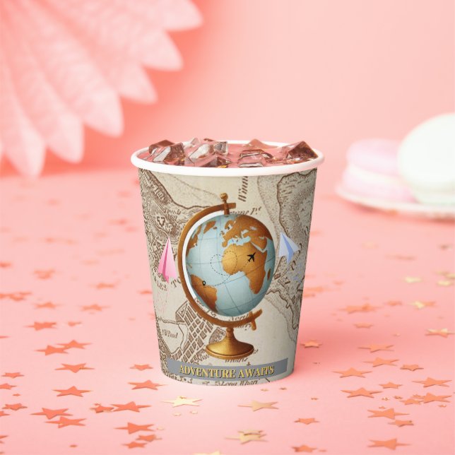 Adventure Awaits World Map Baby Shower Paper Cups (Insitu)
