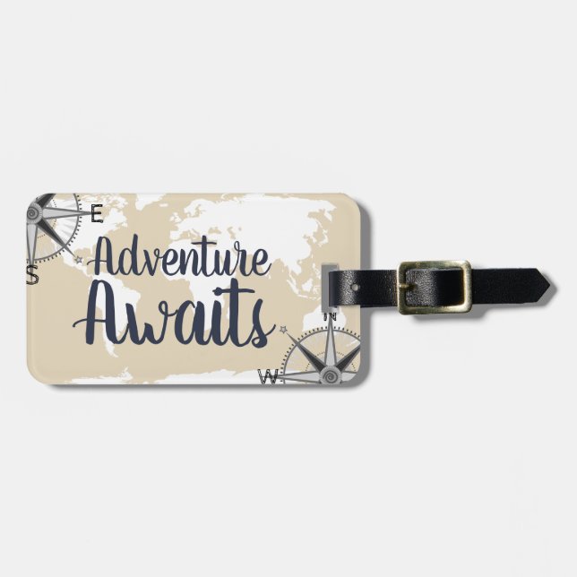 Adventure Awaits World Map & Cream Luggage Tag (Front Horizontal)