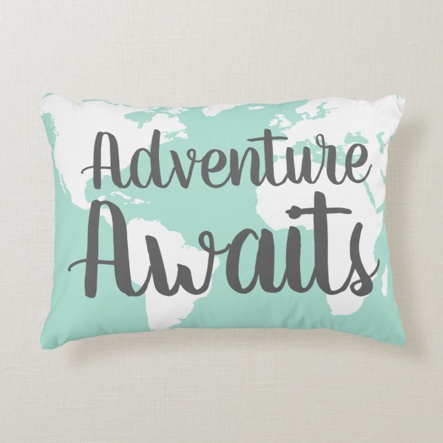 Adventure Awaits World Map & Mint Decorative Cushion (Front)