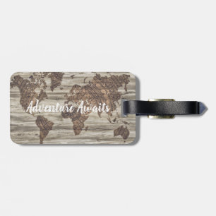 Adventure Awaits world map quote luggage tag
