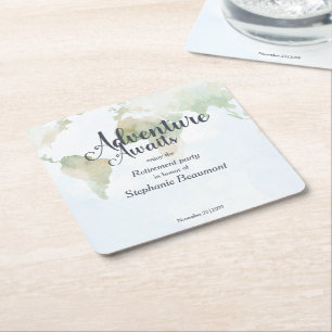 Adventure Awaits World Map Retirement Party  Square Paper Coaster