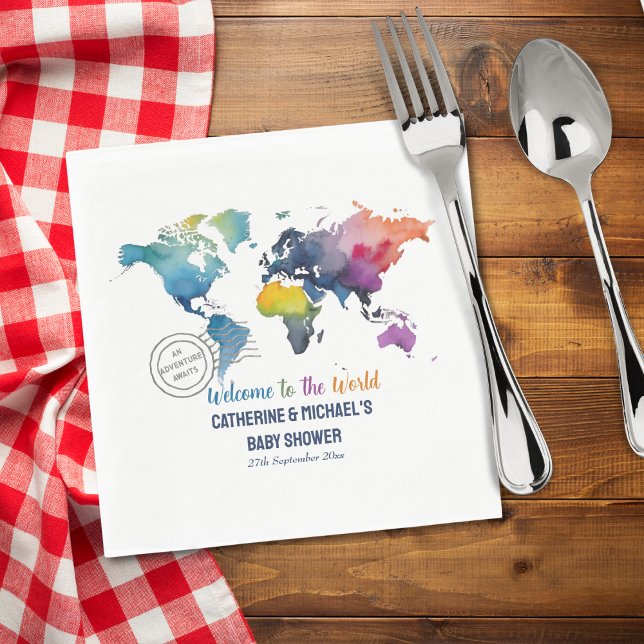 Adventure Awaits World Map Travel Baby Shower  Napkin (Creator Uploaded)