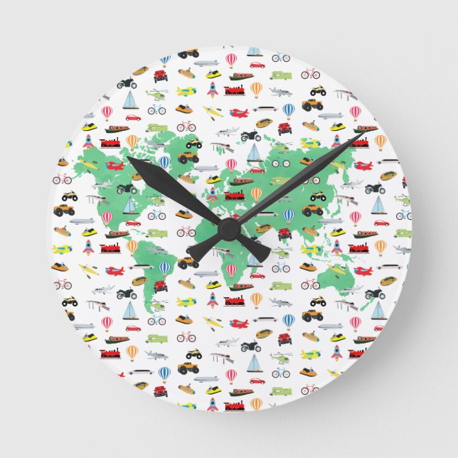 Adventure Awaits World Map Vehicles Round Clock (Front)
