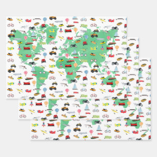 Adventure Awaits World Map Vehicles Wrapping Paper Sheet