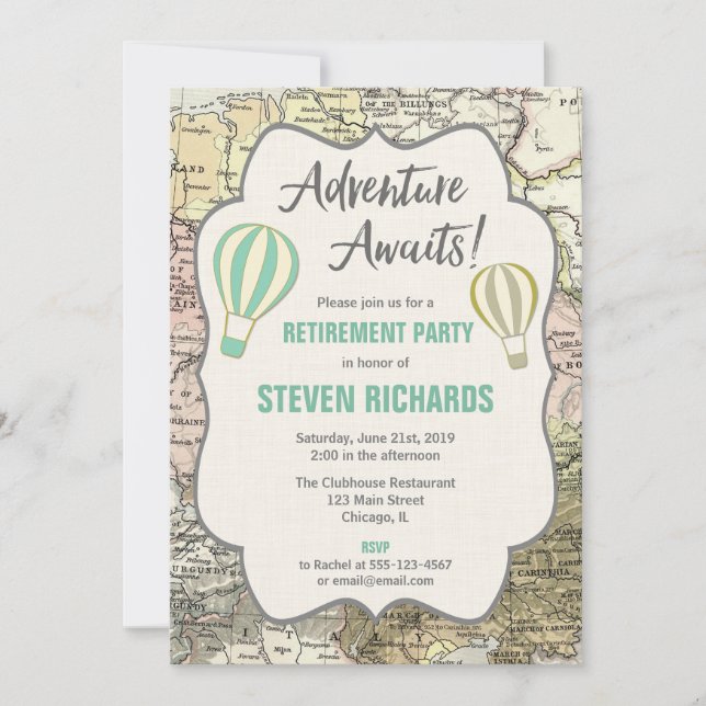 Adventure Awaits world traveller retirement party Invitation (Front)