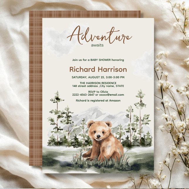Adventure awaitswatercolor forest bear baby shower invitation (Adventure awaits cute watercolor bear, green forest, woodland theme baby shower invitation )