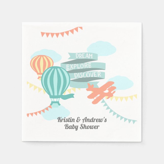 Adventure Baby Shower Aeroplane and Balloon Napkin (Front)