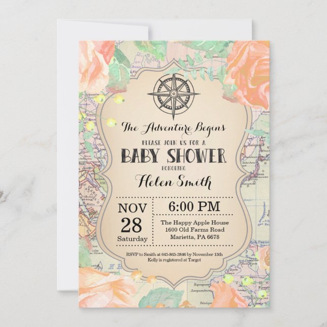 Adventure Baby Shower Pink Floral Map Travel World Invitation (Front)