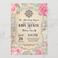 Adventure Baby Shower Pink Floral Map Travel World