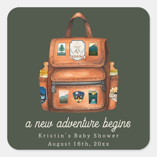 Adventure Backpack + Bottles Green Baby Shower Square Sticker (Front)