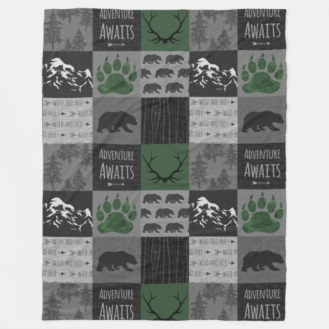 Adventure Bears - Green/Black Fleece Blanket (Front)