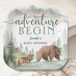Adventure Begin Baby Shower Bear Woodland Forest Paper Plate