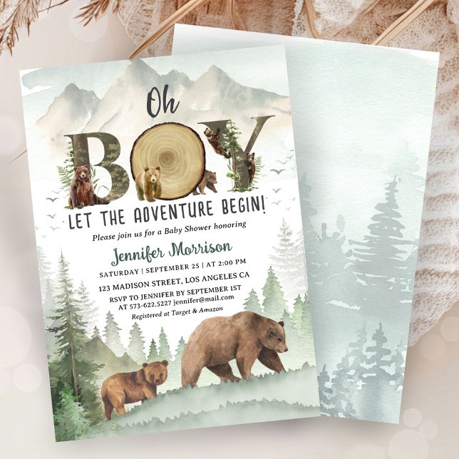 Adventure Begin Bear Boy Baby Shower Woodland  Invitation (Creator Uploaded)