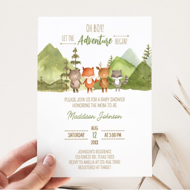 Adventure Begin Forest Mountain Baby Shower  Invitation (Let the Adventure Begin Baby Shower Invitation)