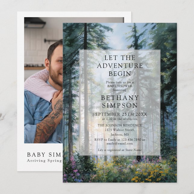 Adventure Begin Forest Photo QR Code Baby Shower Invitation (Front/Back)