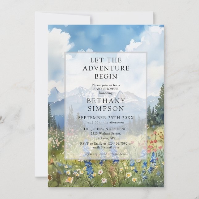 Adventure Begin Mountain Floral Baby Shower Invitation (Front)