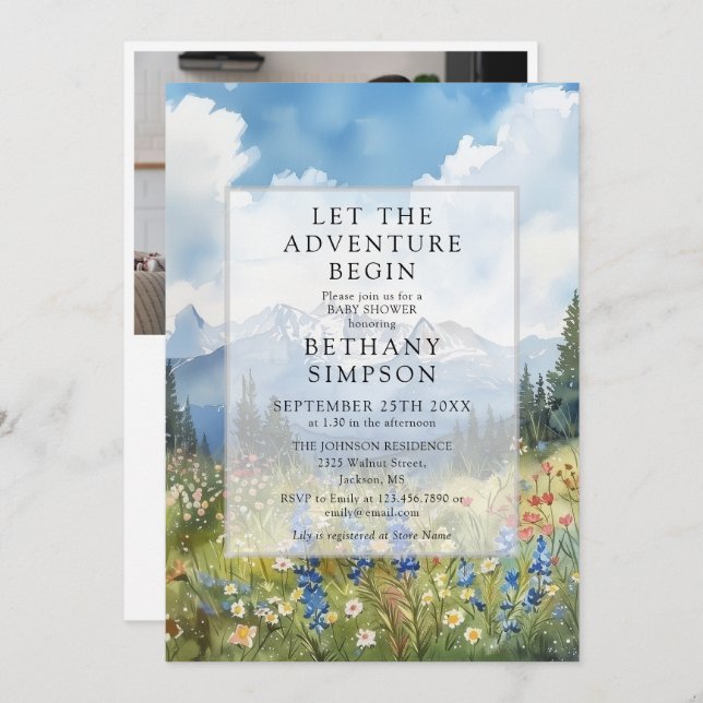 Adventure Begin Mountain Photo QR Code Baby Shower Invitation (Front/Back)