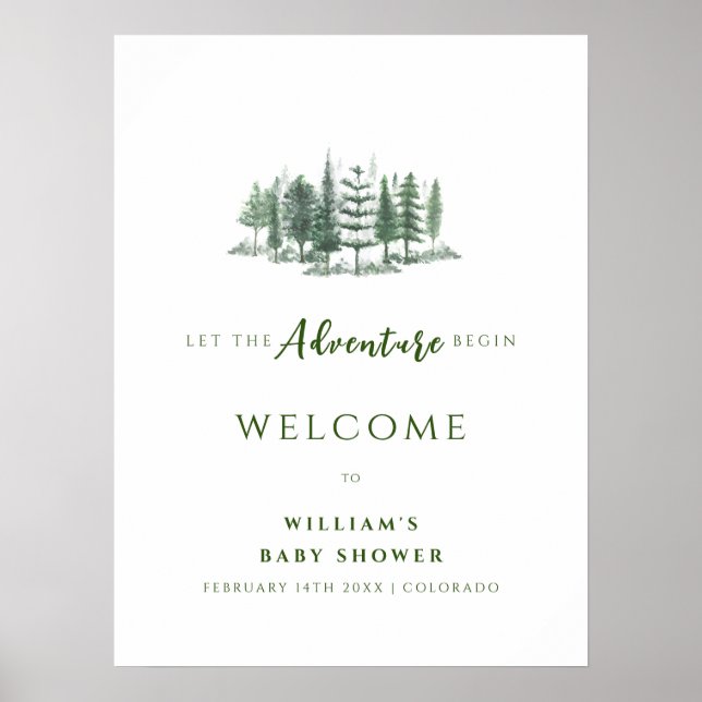 Adventure Begin Rustic Forest Baby Shower Welcome Poster (Front)
