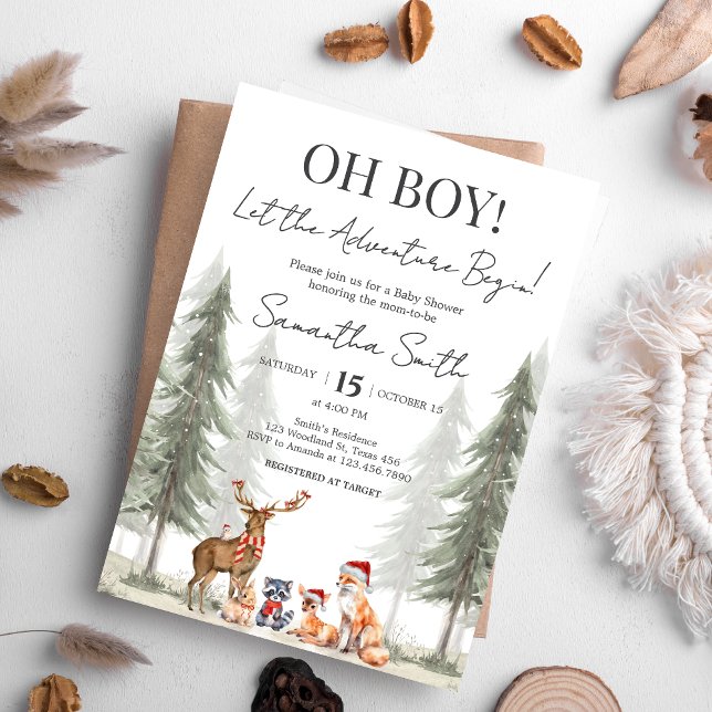 Adventure Begin Winter Woodland Baby Shower Invitation (Adventure Awaits Baby Shower Invitation)